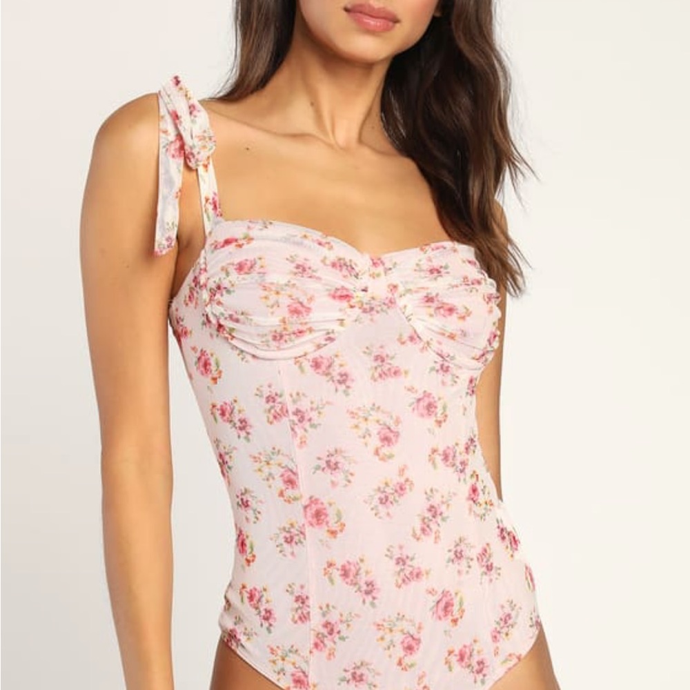Dynamite Darling Pink Floral Tie-Strap Bustier Mesh Bodysuit